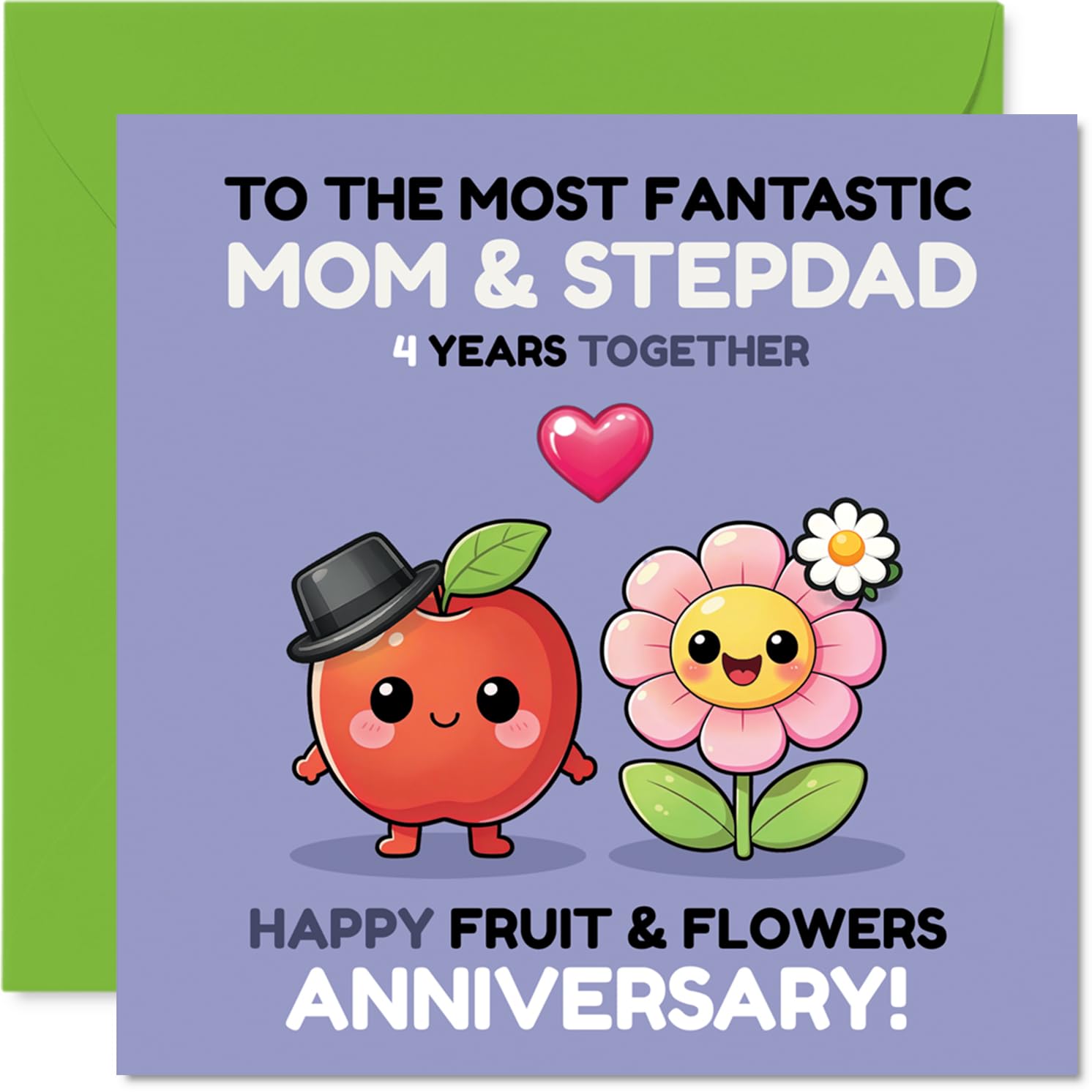 Playful 4th Anniversary Card for Stepdad & Mum - Bursting with Joy - Apple and Flower Cartoon Duo in Vibrant Colours - 145mm Square, Envelope Included