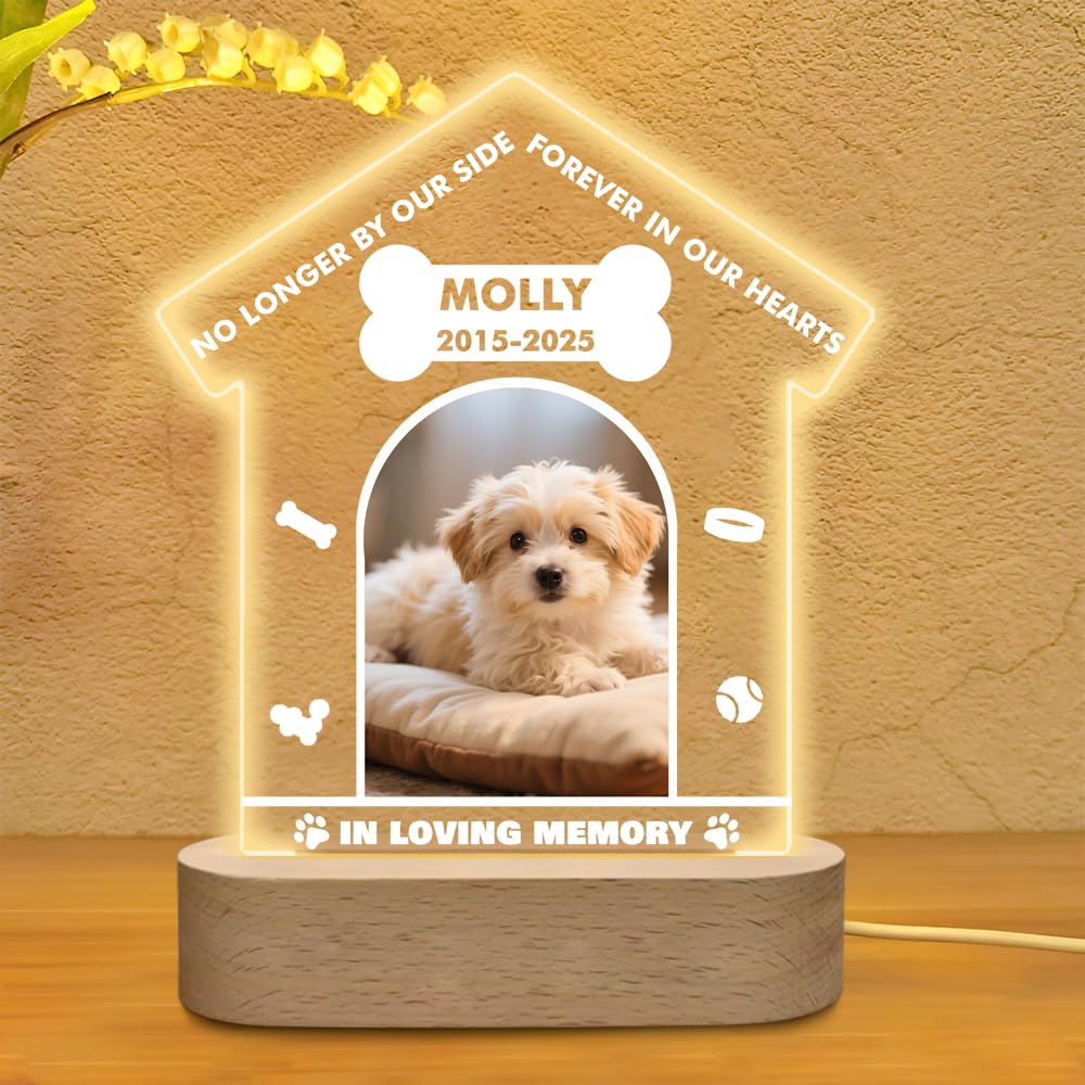 AnJeey In Loving Memory of Dog Personalised Memorial Night Light with Photo - Custom Pet Loss Keepsake, Engraved Plaque & Picture Frame Lamp (House shape)