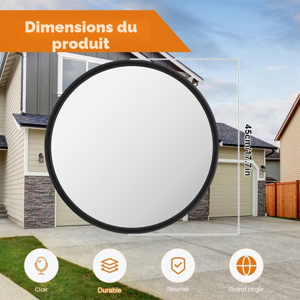 Miroir convexe grand angle de 45 cm, miroir de circulation, de sécurité, miroir convexe, rond, panoramique, parabole, d'observation, pour garage, trafic, bureau, cour, entrepôt