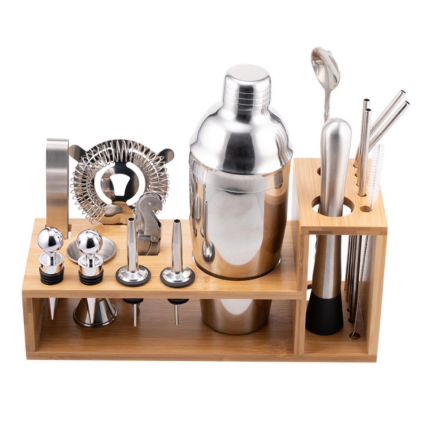 Ensemble de Cocktail Shaker à Cocktail Shaker Kit 17 Pièces En Acier Inoxydable Cocktail Shaker Ensemble Barware Kit Avec Support En Bois Pour Barre De Fête Shaker Cocktail Kit Shaker Cocktail Set(750