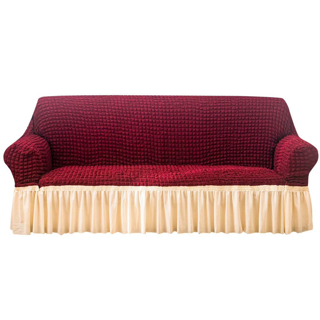YAOYI Stretch Sofa Cover with Skirt, 1/2/3/4 Seater Seersucker Full Cover Sofa Protective Cover, Polyester Spandex Fabric (4 Seater,R)