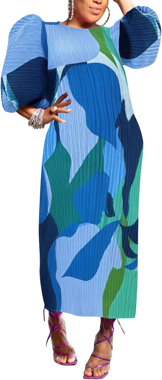 Women Colorful African Dress Floral Puff Long Sleeve Wedding Guest Party Pleated Maxi Dress