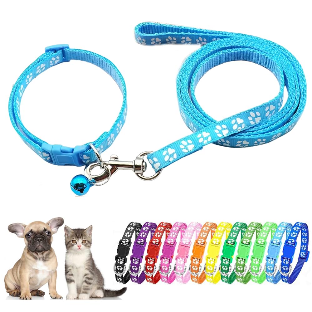 Light Blue Puppy Collar And Lead Sets, XSmall Dog Collar And Lead Set Pawprint Adjustable Kitten Collar With Bell For Tiny Little XXS XS Extra Small Breed Pets Dogs Cats Girls Boys