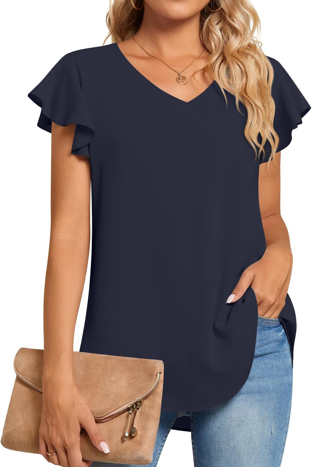 TAOHUADAO Womens Casual T-Shirts V Neck Chiffon Blouse Ruffle Sleeve Summer Tops