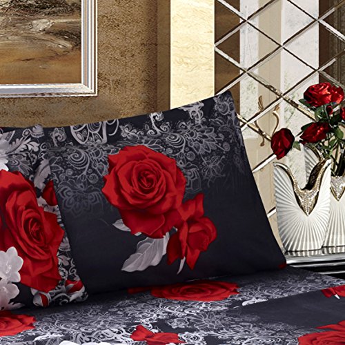 Hig 3D Bed Sheet Set - 4 Piece 3D Red And White Rose Reactive Printed Sheet Set Queen Size (Y31) - Soft, Breathable, Long-Lasting, Fade Resistant - Includes 1 Flat Sheet,1 Fitted Sheet,2 Shams #TOP6