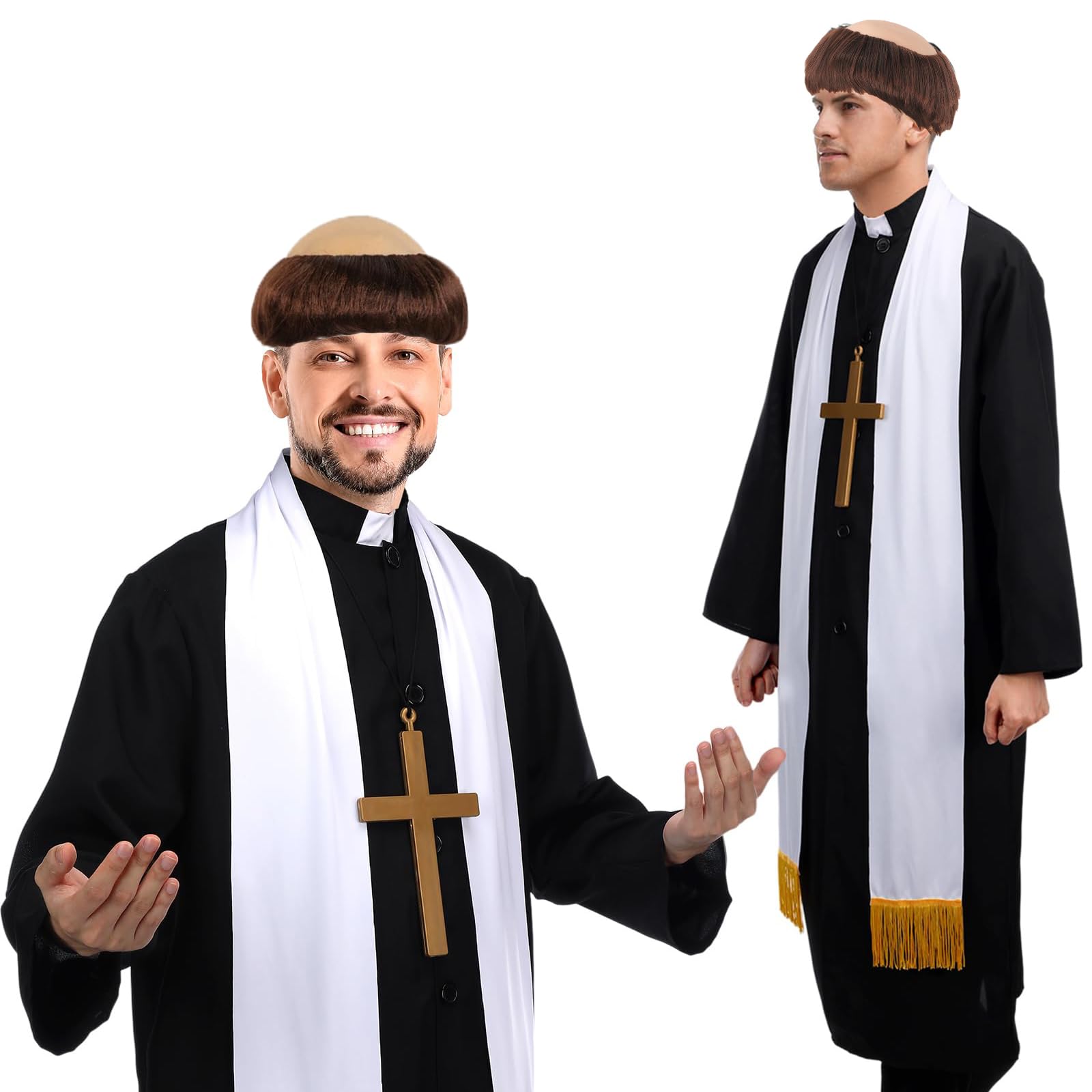 Peluca De Monje Calva – 3 Piezas, Disfraz Para Halloween Y Fiestas De Disfraces, Talla Única, Marrón Oscuro