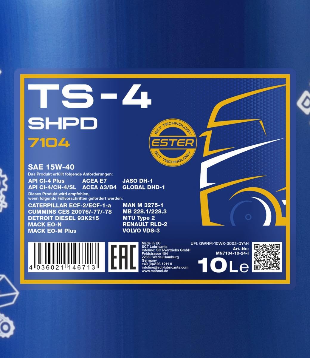 MANNOL Aceite de motor 15W-40 TS-4 ACEA E7 ACEA A3/B3 ACEA A3/B4 API CI-4 API CH-4 API CG-4 API CF-4 API CF API SL SHPD 10L Compatible con MERCEDES-BENZ Clase C T-modell S204 Clase E T-modell S212