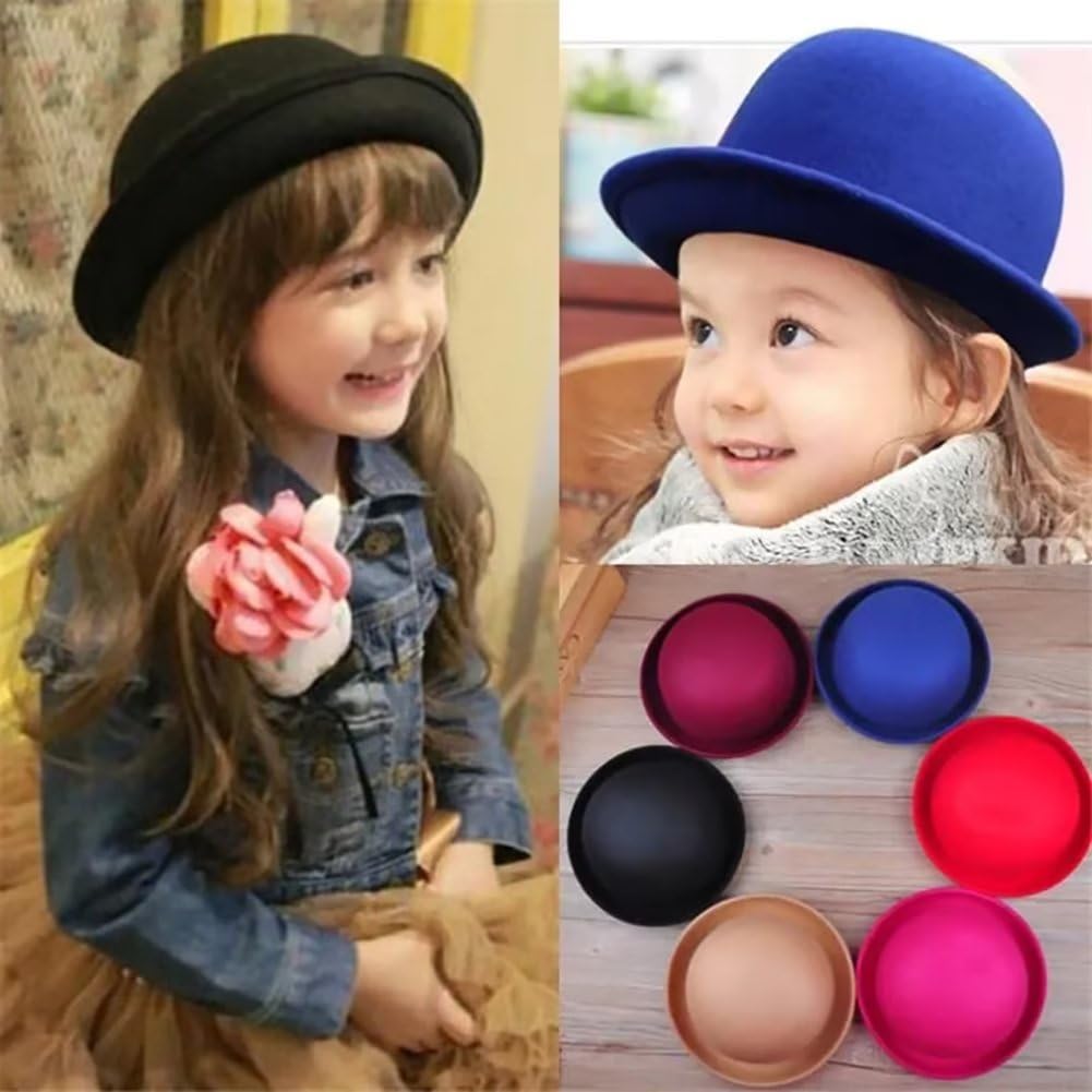 Chapeaux De Derby Ronds pour Enfants, Filles Et Garçons, Chapeau Seau Panama à Bord Retroussé, Feutre De Laine, Chapeaux Melon Ronds élégants, Tour De Tête 54cm