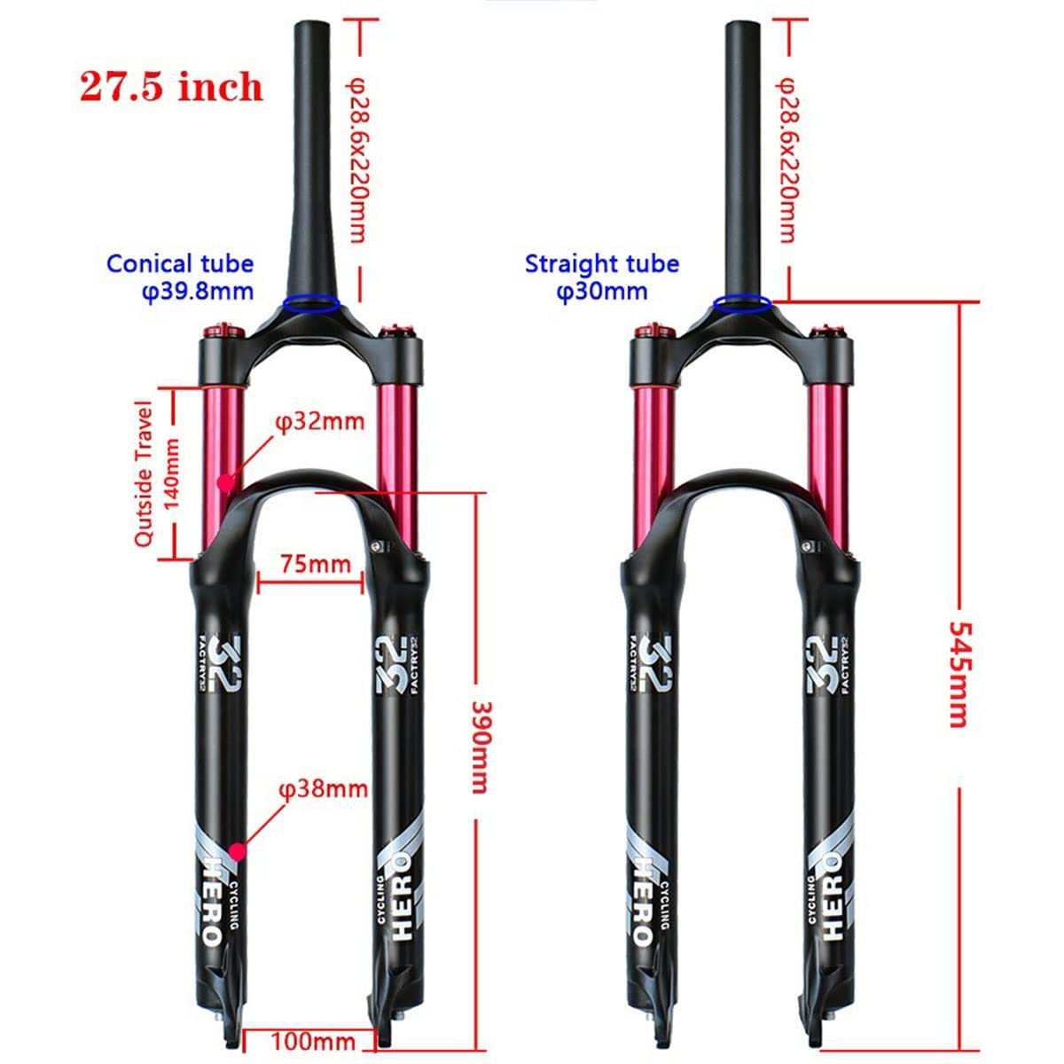 Widelec amortyzowany do roweru górskiego 26/27,5/29 cala MTB Air Travel 120 mm 1-1/8 1-1/2 przedni hamulec tarczowy QR 9 mm (kolor: pilot stożkowy, rozmiar 70,5 cala)