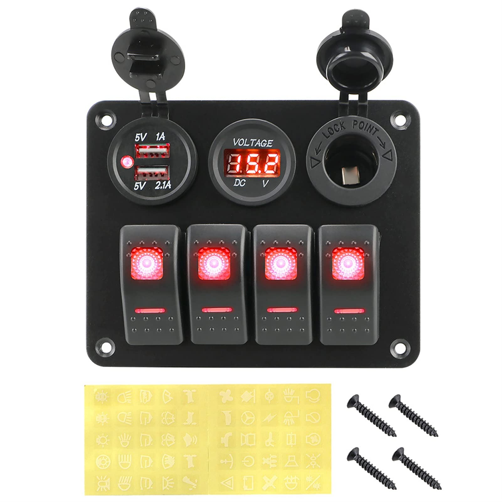 4 Gang LED Rocker Panel Przełącznik 12V / 24 V Kombinacja wyłącznika Cyfrowy Voltmetr Dual USB Port do samochodów Karawany Camper RV(Red)