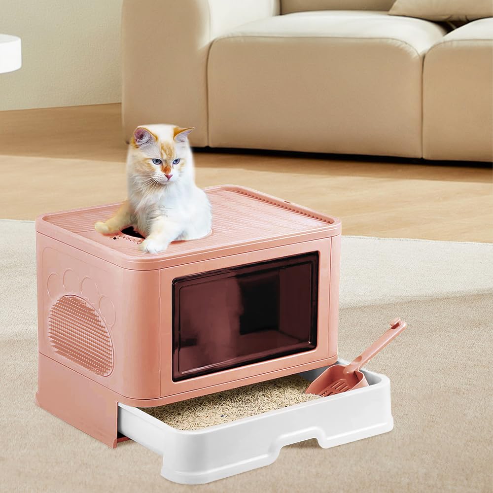 Arenero para Gatos, Caja de Arena Plegable para Gatos, Caja Arena con Bandeja Extraíble y Pala, Espacioso para Gatos Grandes, Carga de 15 kg, Antiescapes-48,5 * 36,5 * 38cm PP-Rosa