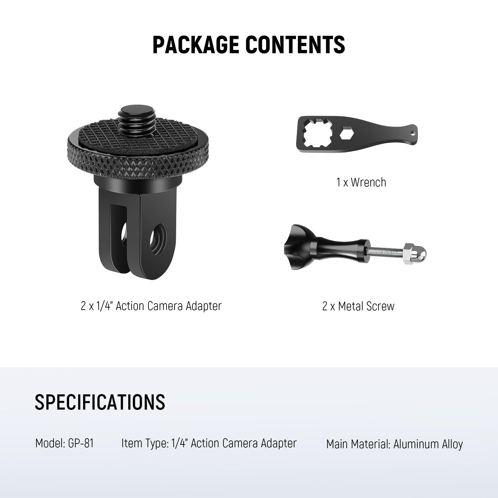 NEEWER Adapter do statywu Action Camera ze śrubą 1/4"-20, akcesoria ze stopu aluminium, kompatybilny z Insta360 X5 X4 X3 GoPro Hero 13 12 dji Osmo Action 5 Pro 4 3 AKASO APEMAN, GP-81
