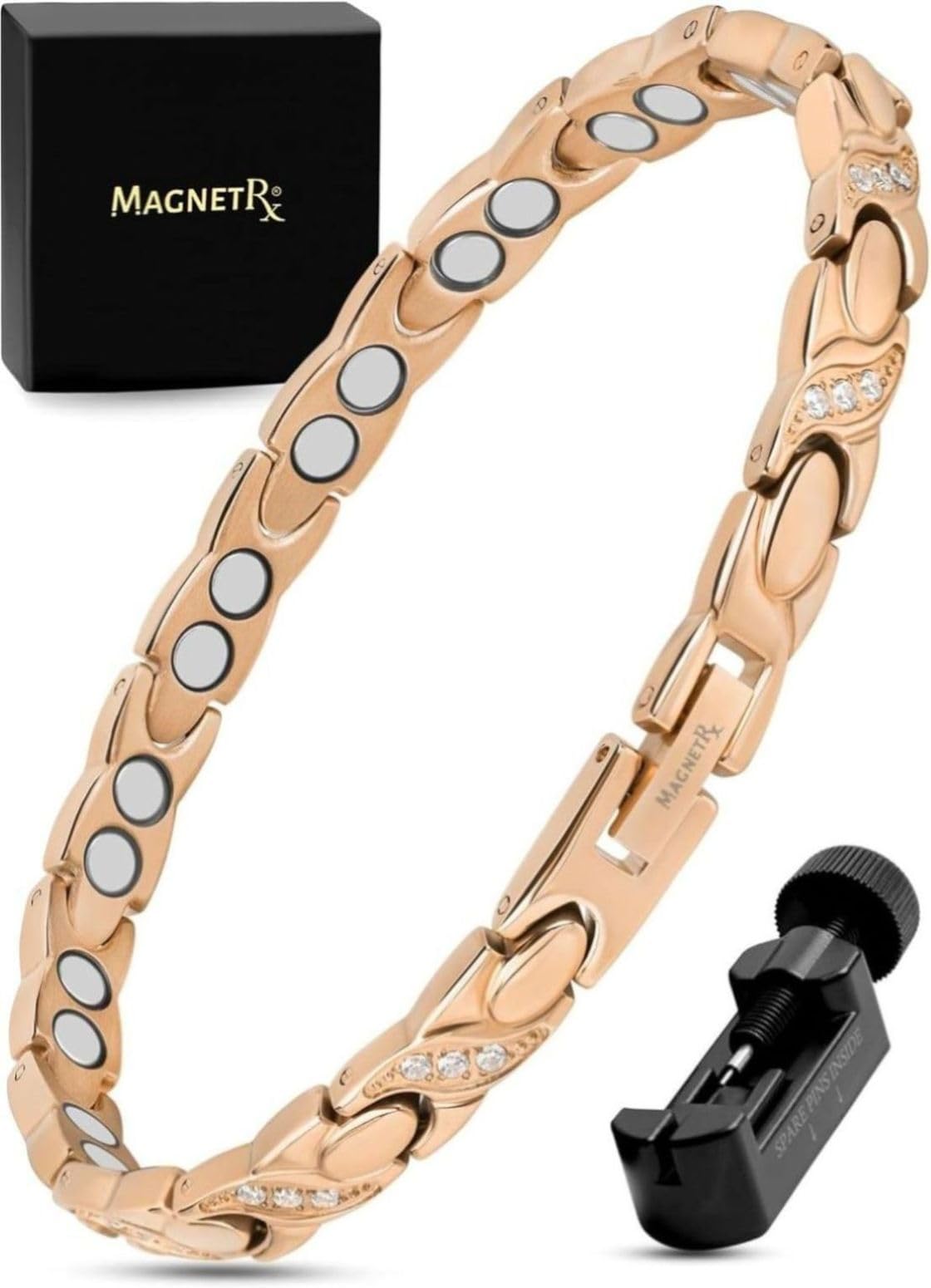 MagnetRX® Bracciale Magnetico Donna Ultra Forte – Bracciale Benessere con Doppio Magnete in Acciaio Inox e Cristalli – Magnetico Regolabile con Strumento di Misura (Oro Rosa)