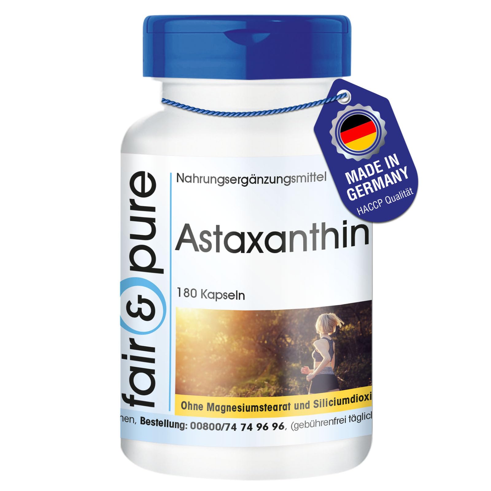 Fair & Pure Astaxanthin 7,5mg Tagesdosis, 180 Kapseln, schluckfreundlich, mikroverkapselt, Nahrungsergänzungsmittel vegan ohne Magnesiumstearat, in Deutschland hergestellt
