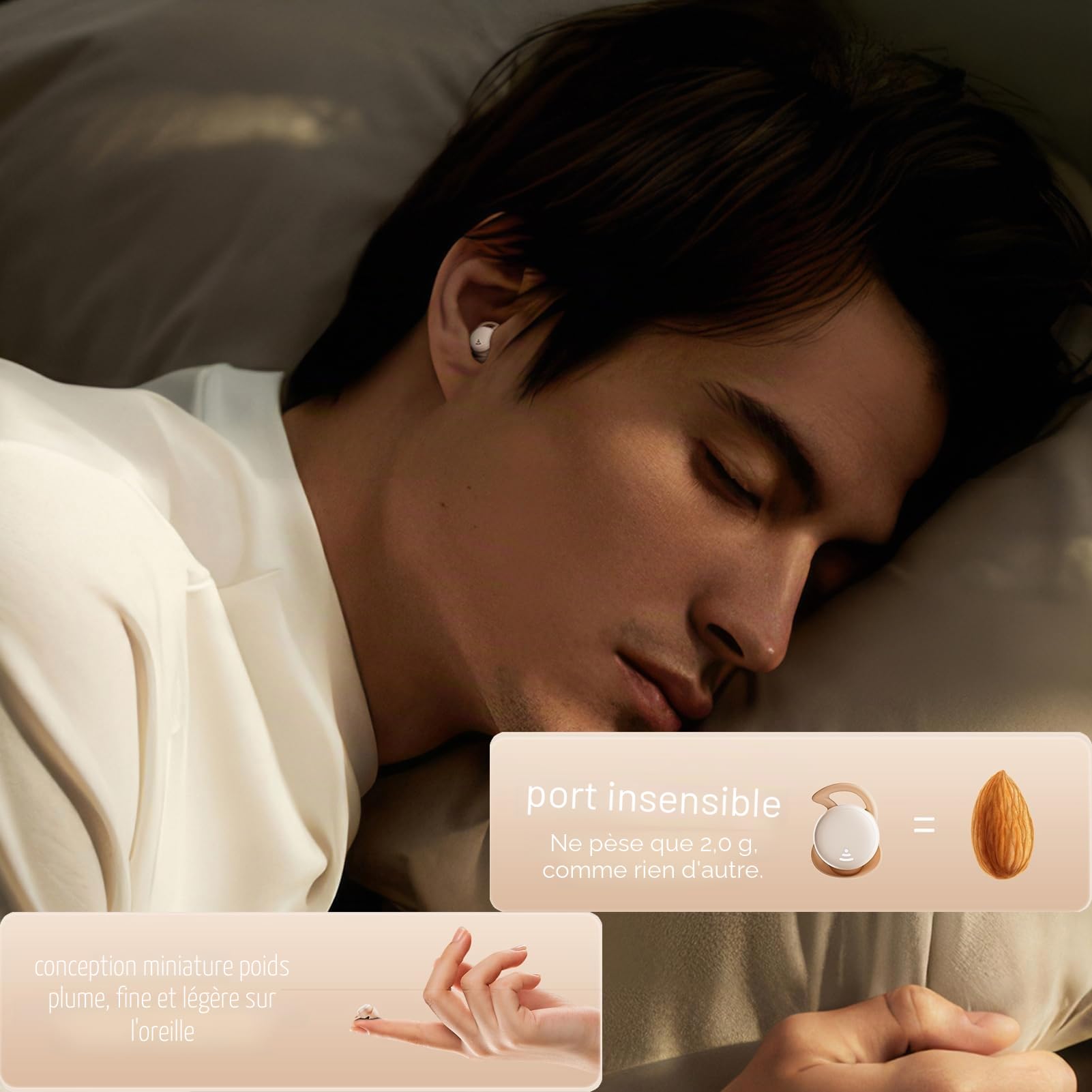 Xmenha Mini Écouteurs Bluetooth de Sommeil pour Les dormeurs de Petits Oreilles Casque sans Fil Intra-Auriculaires Bluetooth 5.3 à Réduction de Bruit HiFi Stéreo avec Microphone Beige