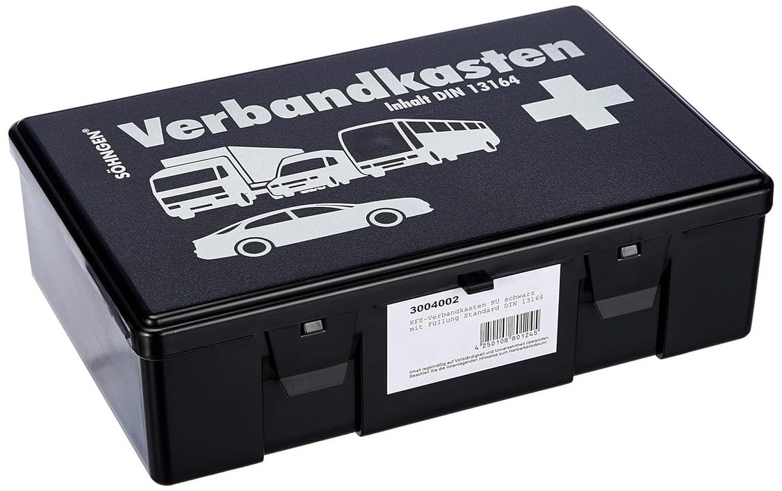 Söhngen KFZ Verbandskasten (mit Füllung, 2x Mundschutzmasken, schwarz, Koffer aus ABS Kunststoff) 260x160x80 mm, 3004002