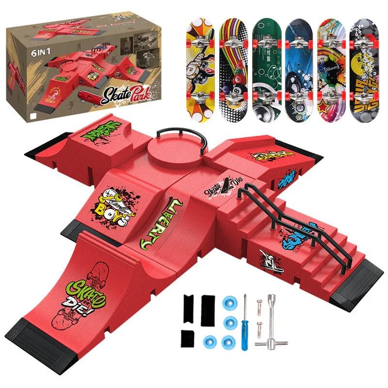 6-in-1 Modular Finger Skateboard Park Ramp Kit, Finger Skateboard Park Kits, Mini Finger Board Skate Training for Fast Tricks & High Jumps, Beginner Practice Set for Kids & Adults (Red)