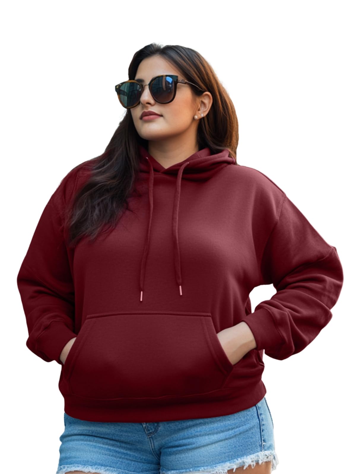Cotton Fleece Regular Fit Solid Core Plus Size Hooded Sweatshirt for Women (Available Colors: Black, Lilac, Maroon, Mustard, Pista & Purple)-image-16