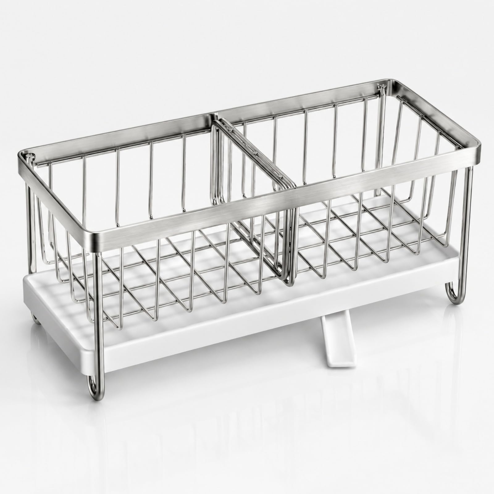 Tlence Sponge Holder with Divider, Kitchen Sink Caddy with Removable Drip Tray, Rustproof 304 Stainless Steel Sink Drainer Rack, Countertop Soap Dispenser Brush Organizer for Sink Stopper Scraper