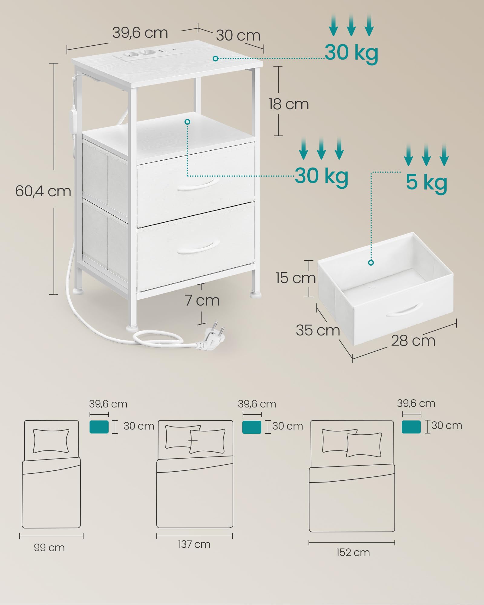SONGMICS BELLAH Collezione - Comodino con Prese, Tavolino con LED Regolabile Controllato da APP, 1 Ripiano, 2 Cassetti, Camera da Letto, Moderno, Set di 2, Bianco Nuvola e Bianco Neve LGS202W102