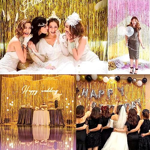Image of 4Pcs Gold Fringe Backdrop 12.8x8.2 Feet Glitter Metallic Tinsel Foil Fringe Curtain, Gold Backdrop Curtain Door Streamers for Birthday Graduation Bachelorette Disco Christmas Party Decorations