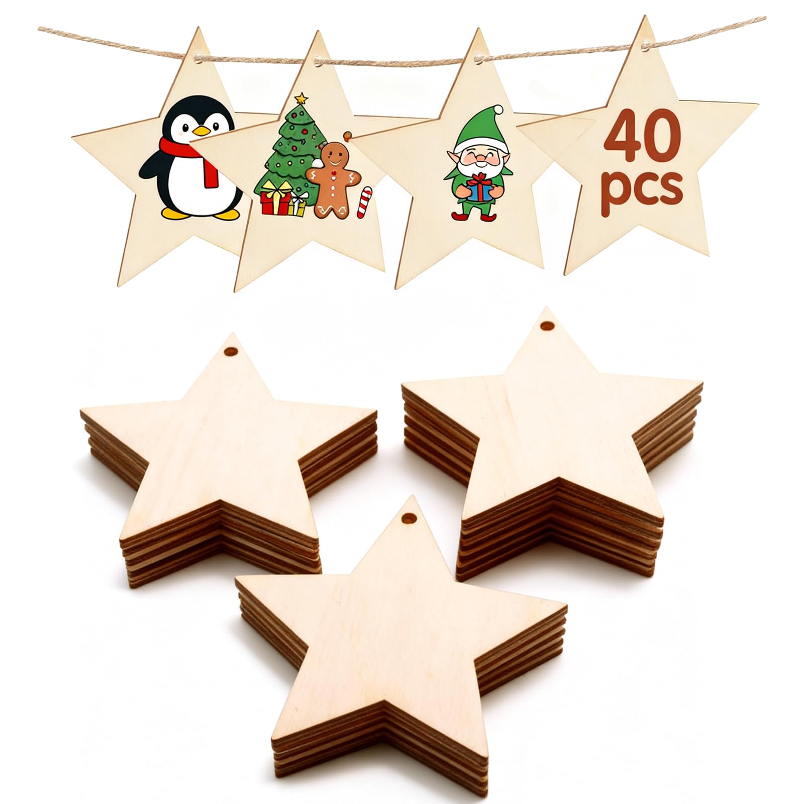 40 colgantes de madera de Navidad, estrella de madera, decoración para boda, Navidad, etiquetas de regalo, manualidades, colgantes de madera, colgantes decorativos para pintar y manualidades con hilos