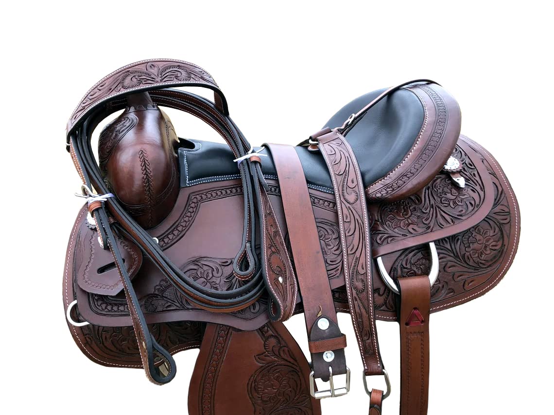 Mahira Enterprises - Sottosella da corsa in pelle di alta qualità, dimensioni da 35,6 a 45,7 cm, disponibile con testiera in pelle, collare per petto, redini da Mahira Enterprises (sedile da 31,8 cm)