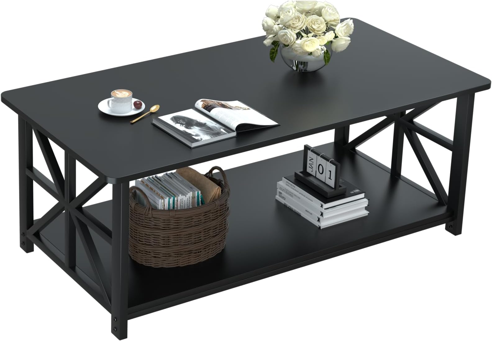 GreenForest Coffee Table for Living Room with Round Corners | Rustic Style Center Table with Storage Shelf,39 Inch X-Frame Sofa Table,Space Saving,Easy Assembly,Black