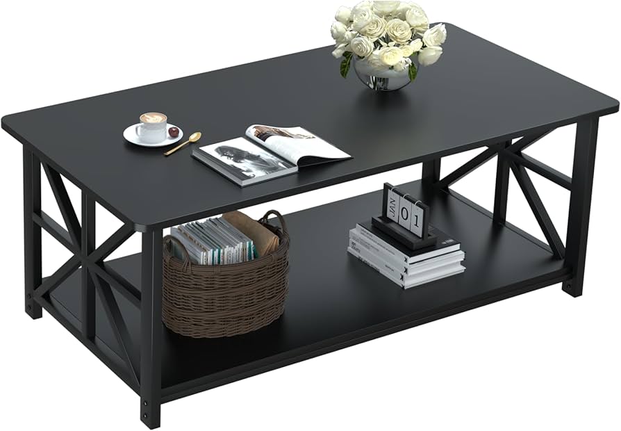 GreenForest Coffee Table with Round Corner, Farmhouse Center Table with 2-Tier Storage Shelf X-Frame Design for Living Room, 39 inch Black