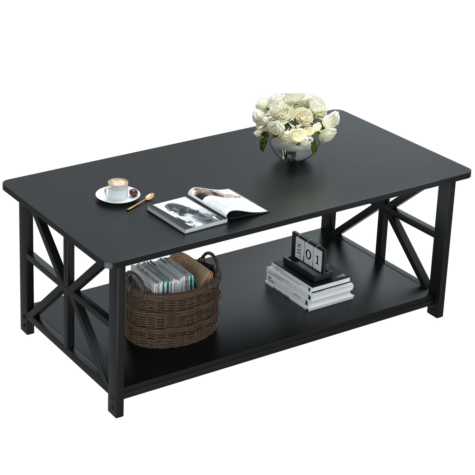 GreenForest Coffee Table with 2-Tier Storage,100 cm Living Room Table with Round Corner, Center Table with X-Frame Design for Home Office,BlackThe Forest Stewardship Council