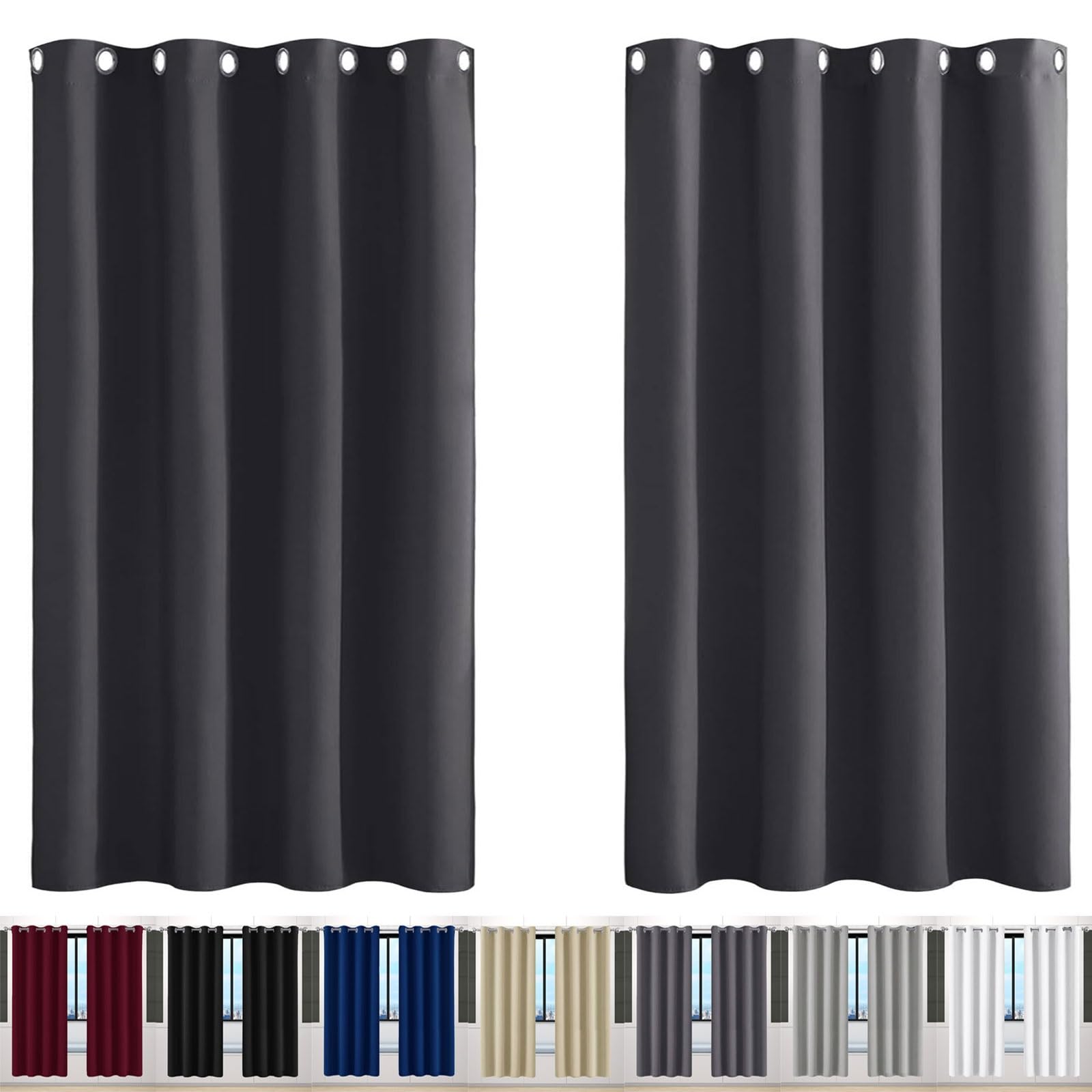 Rideaux de salon gris foncé isolants de 120 x 240 cm avec oeillets intégrés