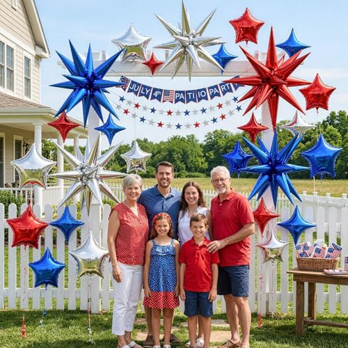 Image of Red Blue Silver Balloons 22 18 10 In 4th of July Patriotic Navy Royal Blue Red Explosion Star Foil Balloon for USA 250th Anniversary Fourth of July Independence Day Memorial Birthday Grad Party Decor