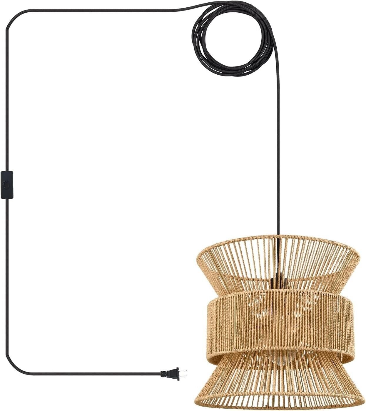 Lampa Wisząca Z Wtyczką, Rattanowe Lampy Wiszące Z Przewodem Wtykowym, Lampy Wiszące W Stylu Boho, Liny Konopne Z Wiklinowego Kosza Na Farmę Klosz Lampy, Oprawa Oświetleniowa Do Sypialni,Salonu,Kuchni