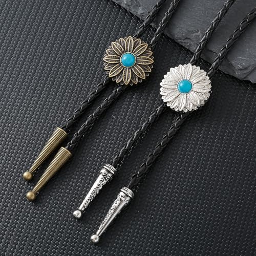 Image of Btilasif Bolo Tie for Women, Vintage Turquoise Bolo Tie for Men, Western Cowboy Triangle Stone Leather Neckties