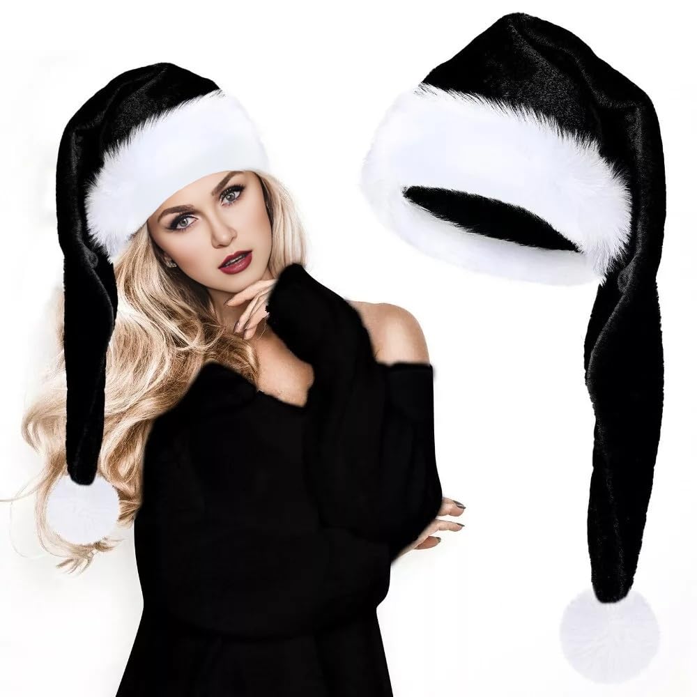 kockuu Long Black and White Santa Hat with Plush Brim and Liner for Adults Men Women Christmas Hat Party Supplies & Gift
