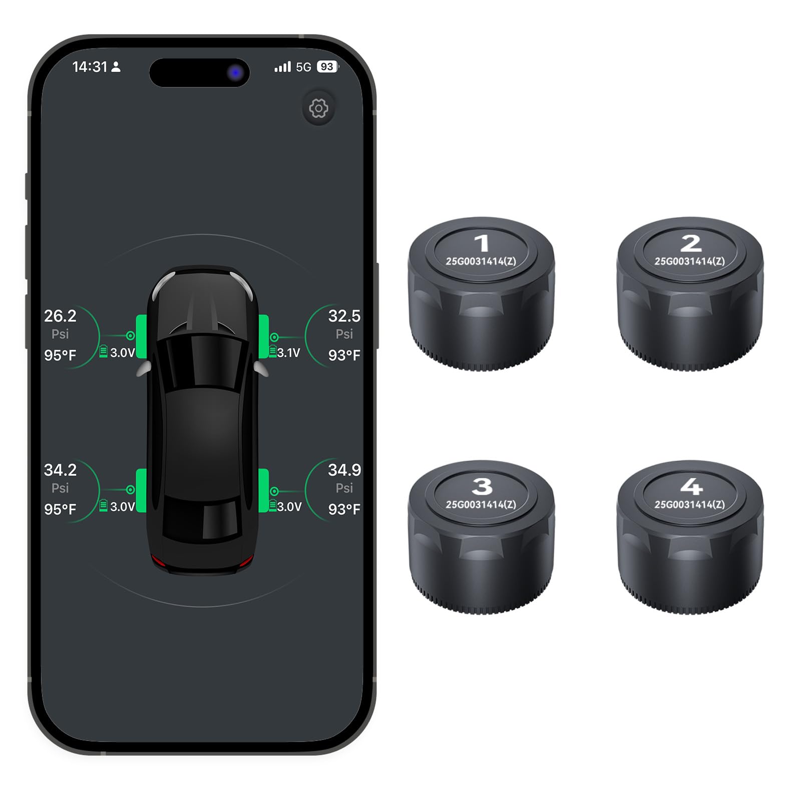 OBEST Sistema de Control de presión de neumáticos Bluetooth con 4 sensores externos, Sensor de presión de neumáticos Bluetooth Sensor de neumáticos App para automóviles y Motocicletas