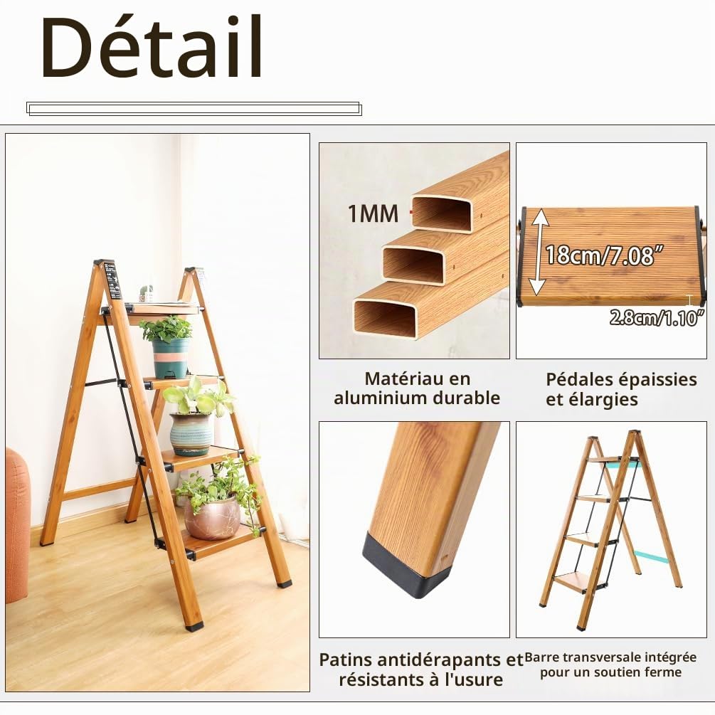 BAOYOUNI Escabeau pliable à 4 marches portable en aluminium léger avec pédales larges antidérapantes Capacité de 150 kg pour la maison, la cuisine, le jardin, le bureau – Noir + couleur grain de bois