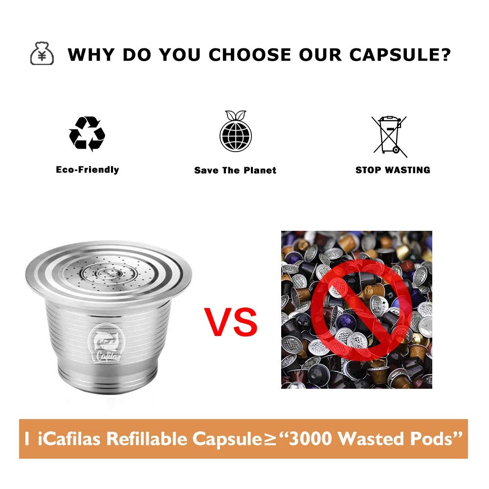 i Cafilas Capsules riutilizzabili in acciaio INOX per Nespresso, Capsule ricaricabili compatibili con Nespresso,2 Nespreso Capsules+ 1 cucchiaio + 1 spazzola + 1 Tamper +1 Powder Filling Aid
