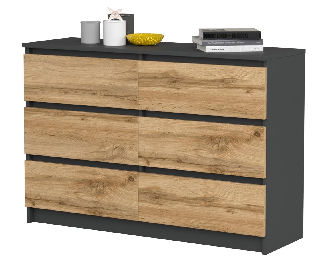 VBChome Kommode mit 6 Schubladen, Anthrazit-Artisan, 120 x 39 x 81 cm, Grifflose Holz-Schubladenkommode, Moderner Mehrzweckschrank für Flur, Schlafzimmer, Wohnzimmer & Kinderzimmer, Einfache Montage