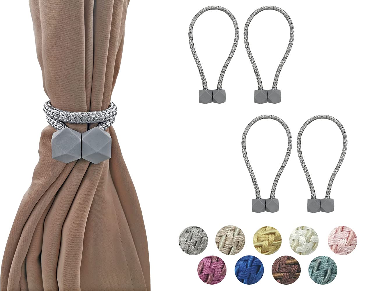 Hyx Grey 4 Piece Magnetic Curtain Tiebacks Holdbacks, Modern Curtain Tieback Clips, Curtain Rope Holder Tie Backs, Decorative Hold Backs For Home Office Decoration (Grey)