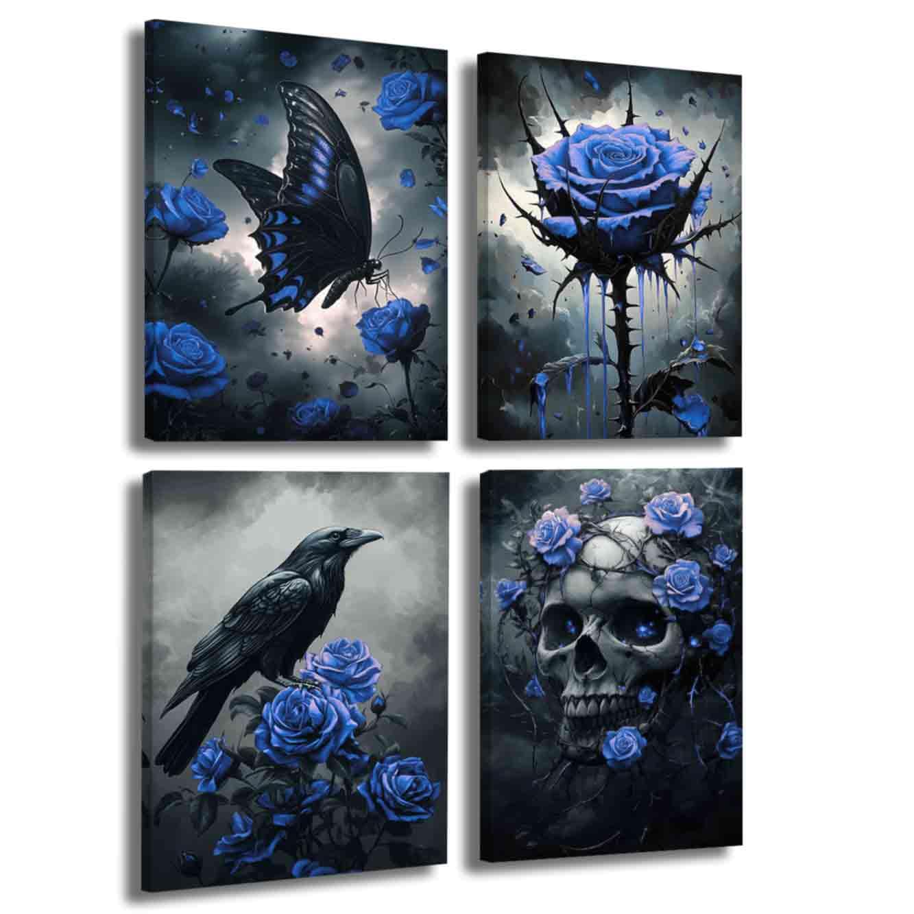 LZIMU 4Pcs Gothic Wall Art Romantic Rose Picture Raven Crow Butterfly Skull Canvas Print Dark Goth Horror Aesthetic Poster Black White Painting Halloween Home Decor (Blue, (40x60cmx4 Pieces))