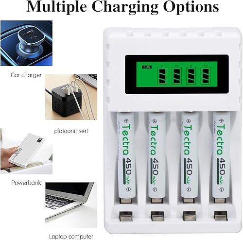 Miniatura 6 de Tectra Baterías AAAA de 450 mAh, paquete de 4 baterías recargables AAAA Ni-MH con AA AAA AAAA Ni-MH cargador de batería inteligente universal para