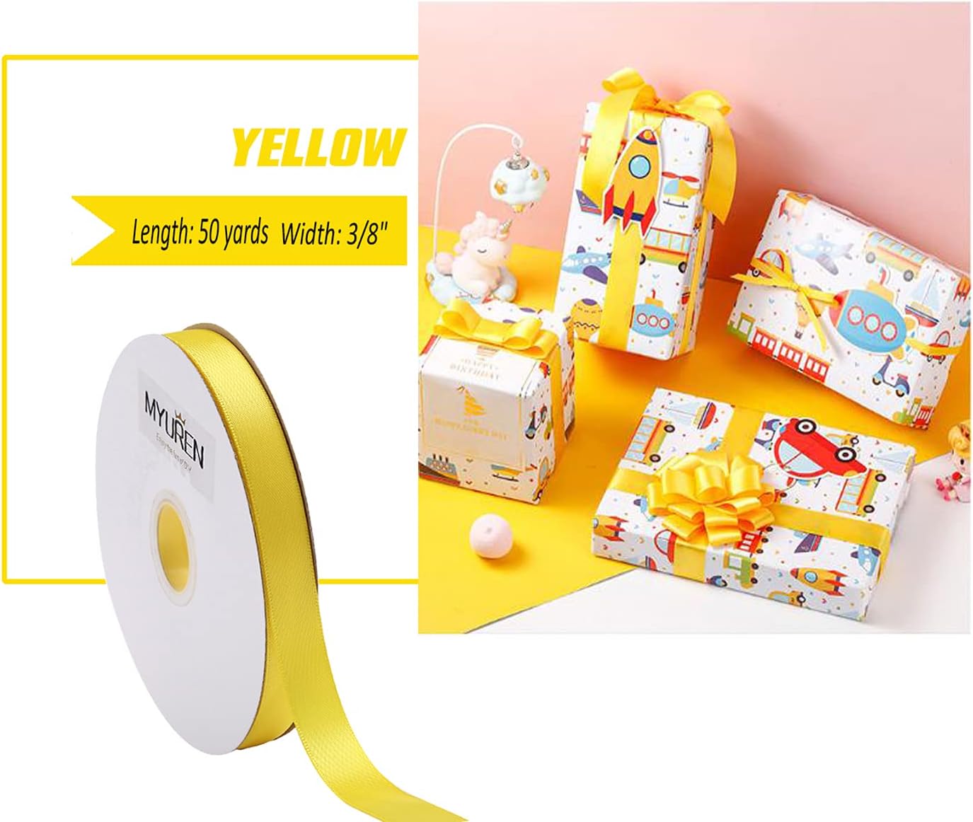 10mm Solid Satin Ribbon Yellow Double Face Satin Ribbon for Crafts Gift Wrapping,Party Favor, Baby Shower,Invitation Embellishments,DIY Hair Accessories (45 Meters) - Image 4