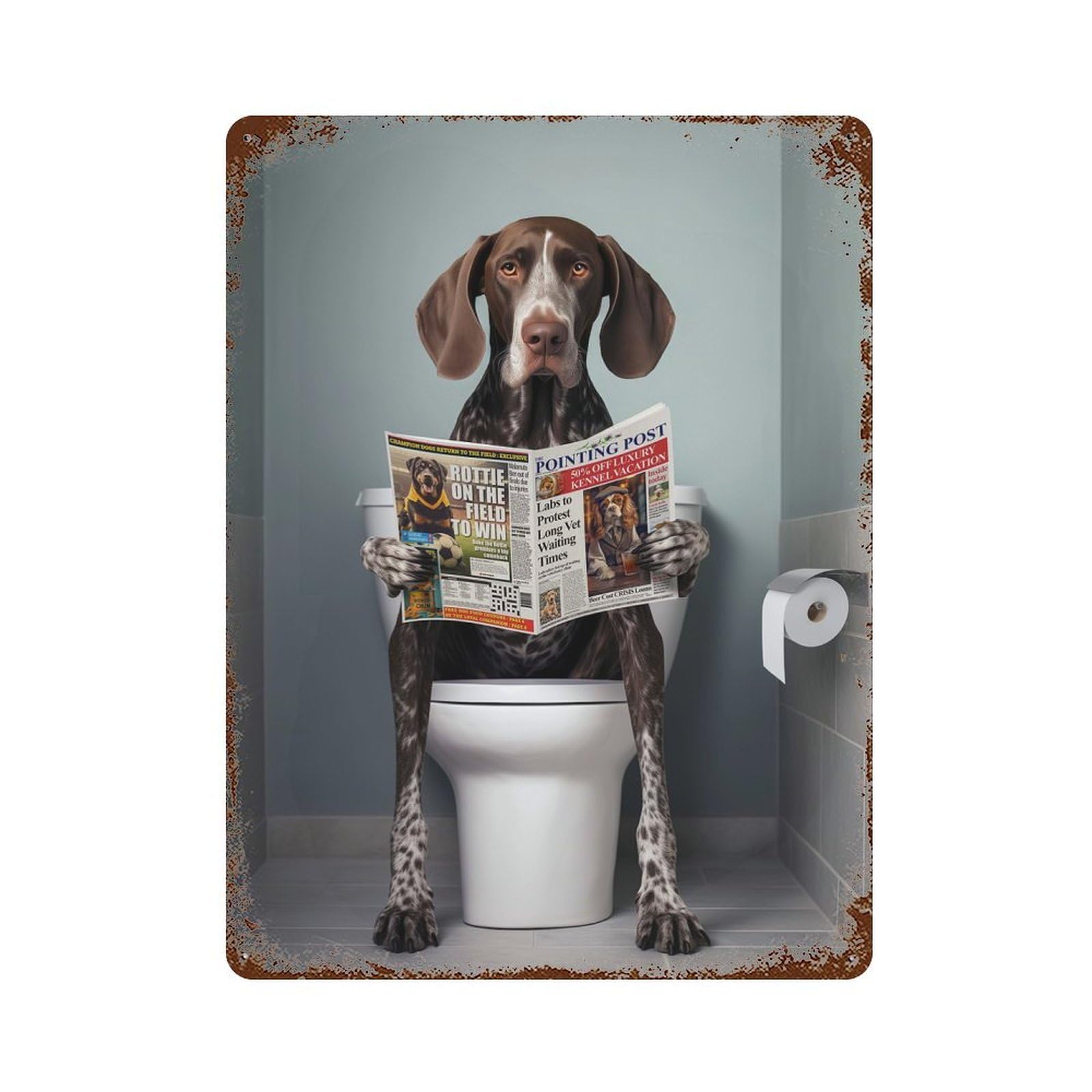 Weathered Tin Sign with German Pointer on Toilet Design 15.7"x11.8", for Basement, Hobby Room And Garage Decor, Industrial Home Decor