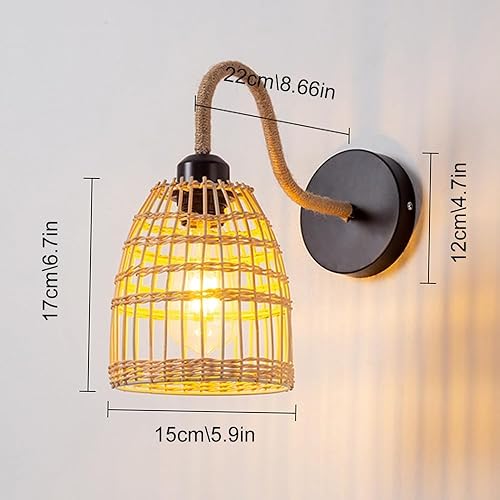 Miniatura 7 de Aplique de pared de ratán hecho a mano, lámpara de mimbre estilo granja, luz vintage, retro, negro, E26 E27, accesorio de iluminación para sala de