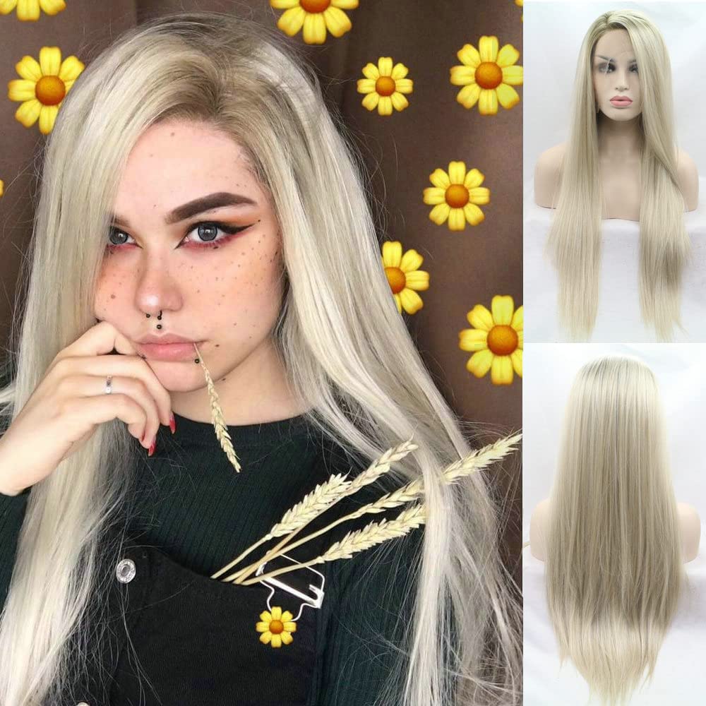 Short Roots Dark Brown Ombre Golden Blonde Wigs Long Straight Side Part Synthetic Lace Front Wigs for Women Heat Resistant Fiber Replacement Natural Look Party&Cosplay&Daily Use Wig Drag Queen