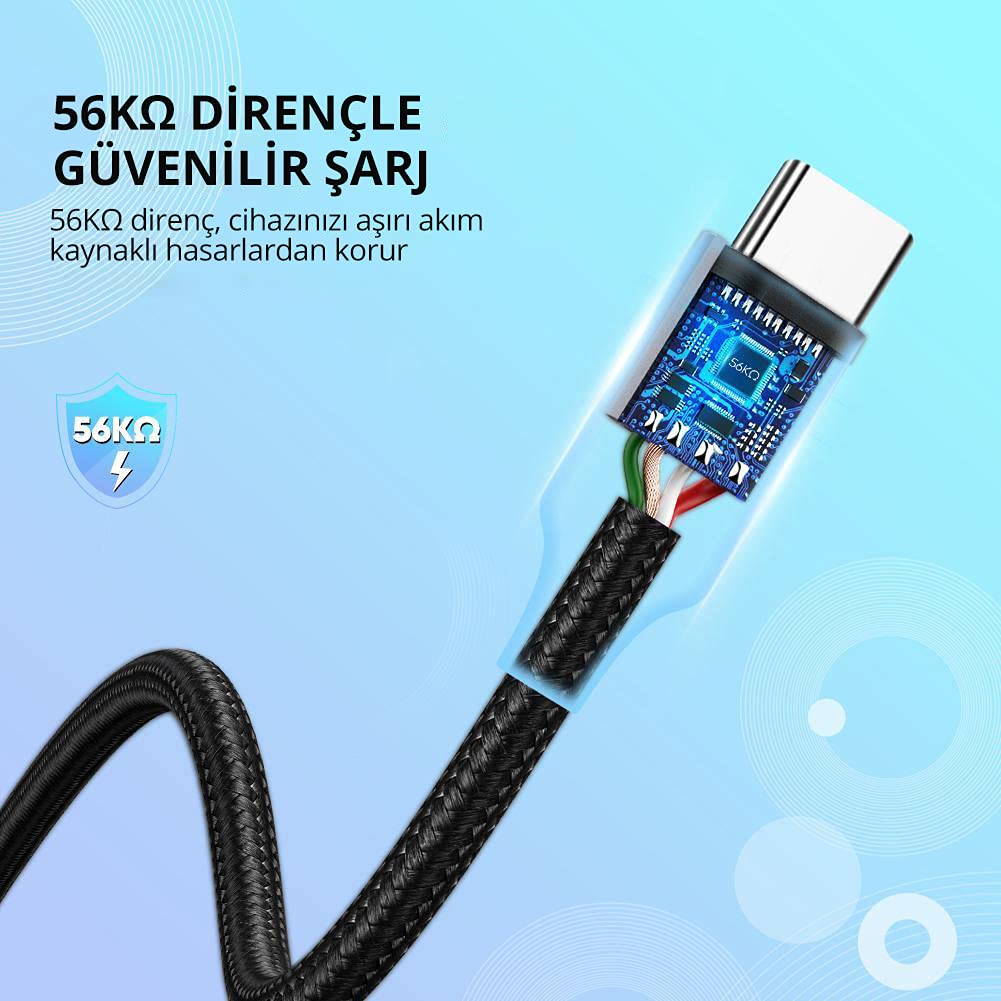 Ugreen Örgülü USB Type-C Şarj ve Data Kablosu, 1.5 Metre, Siyah