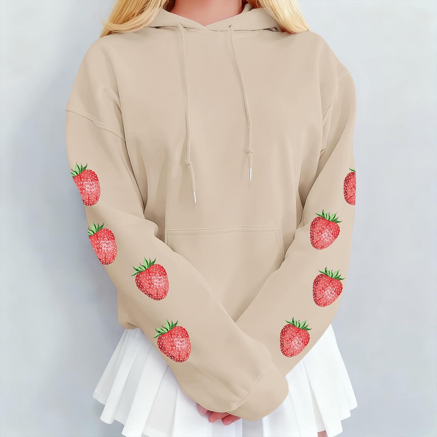 KEEVICI Women's Cute Sweatshirt Strawberry Sleeve Printed Cotton Warm Hoodie with Pocket - Image 6