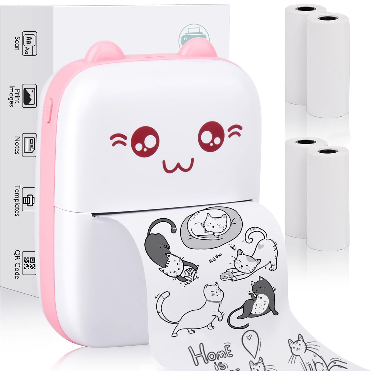 mini bluetooth thermal printer, portable ink-free label and sticker printer, compatible with android and ios, pink, with 13 paper rolls