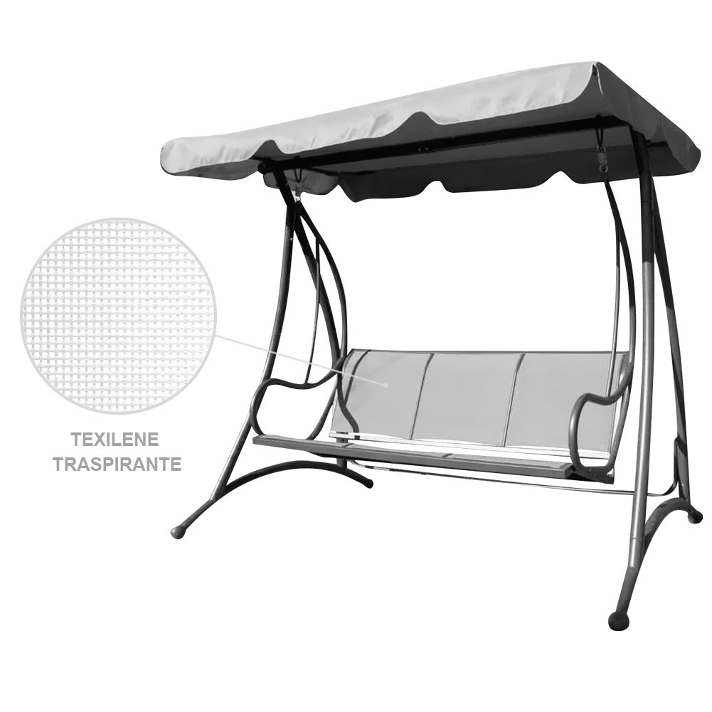Bakaji Dondolo Da Giardino 3 Posti Colore Grigio Antracite Tetto Parasole Struttura in Acciaio Inox Seduta in Texilene Traspirante Dimensioni 194 x 119 x 170 cm
